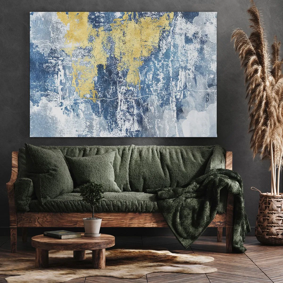 Vászonkép - Absztrakció kék és sárga árnyalatokban - 70x50cm - Derűs absztrakció - Modern fali dekoráció nappalihoz és hálószobához ARTTOR