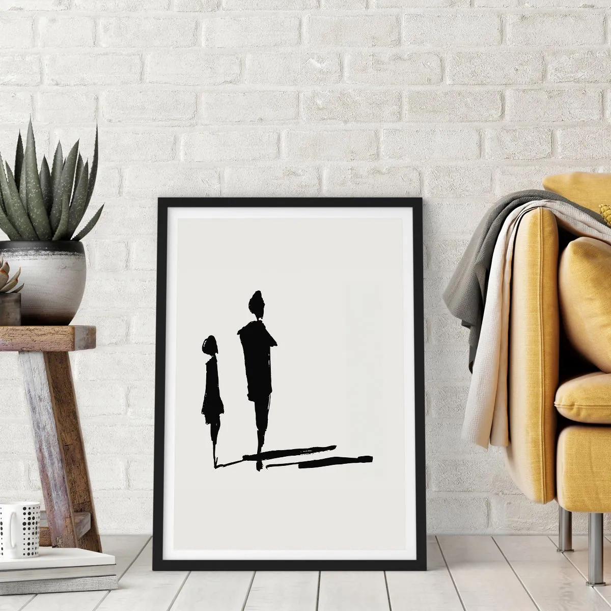 Poszter fehér keretben - Két alak sziluettjei feketében, világos háttér előtt - 50x70cm - Biztosan együtt? - Modern fali dekoráció nappalihoz és hálószobához ARTTOR