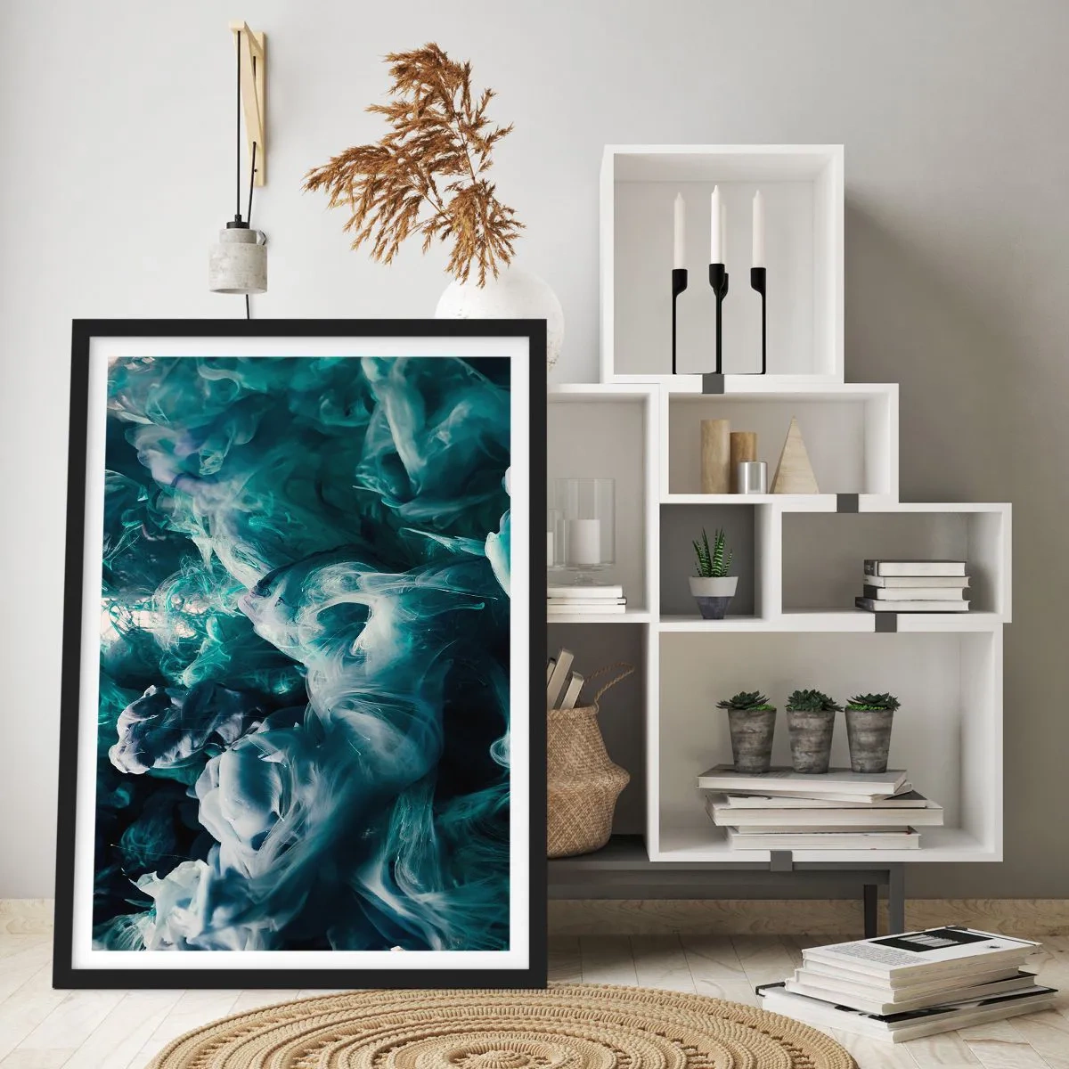 Poszter fehér keretben - Zöld és kék árnyalatú, örvénylő színek absztrakt kompozíciója. - 50x70cm - A színek mozgása - Modern fali dekoráció nappalihoz és hálószobához ARTTOR
