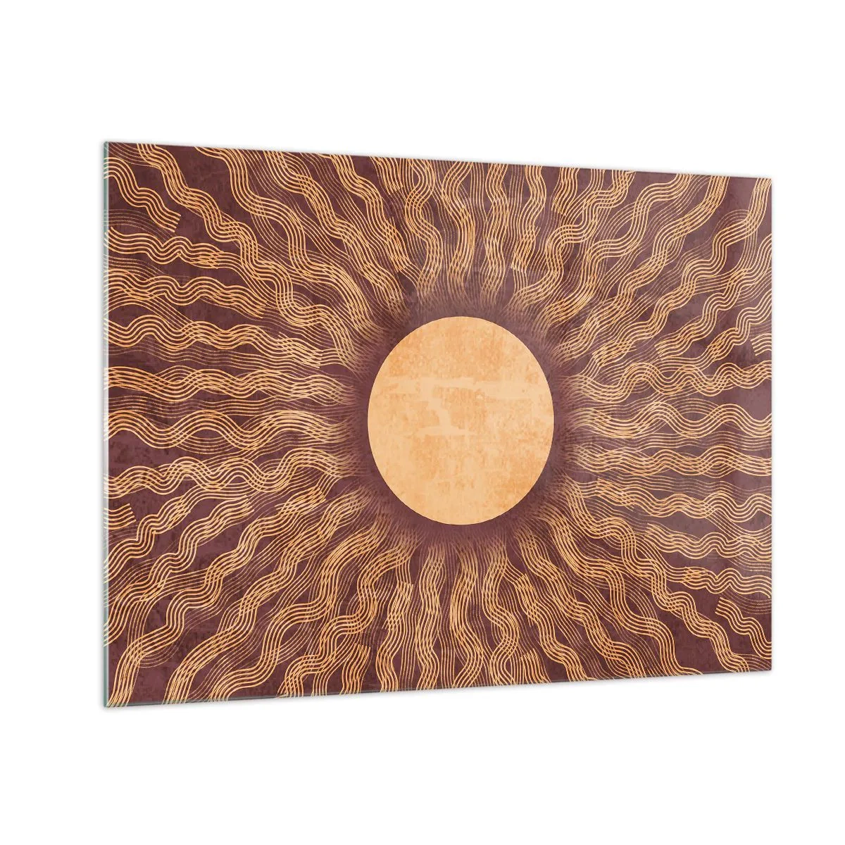 Üveg kép - Egy stilizált nap, amelynek sugarai hullámos vonalak formájában jelennek meg barna háttéren. - 70x50cm - A nap ikonja - Modern fali dekoráció nappalihoz és hálószobához ARTTOR