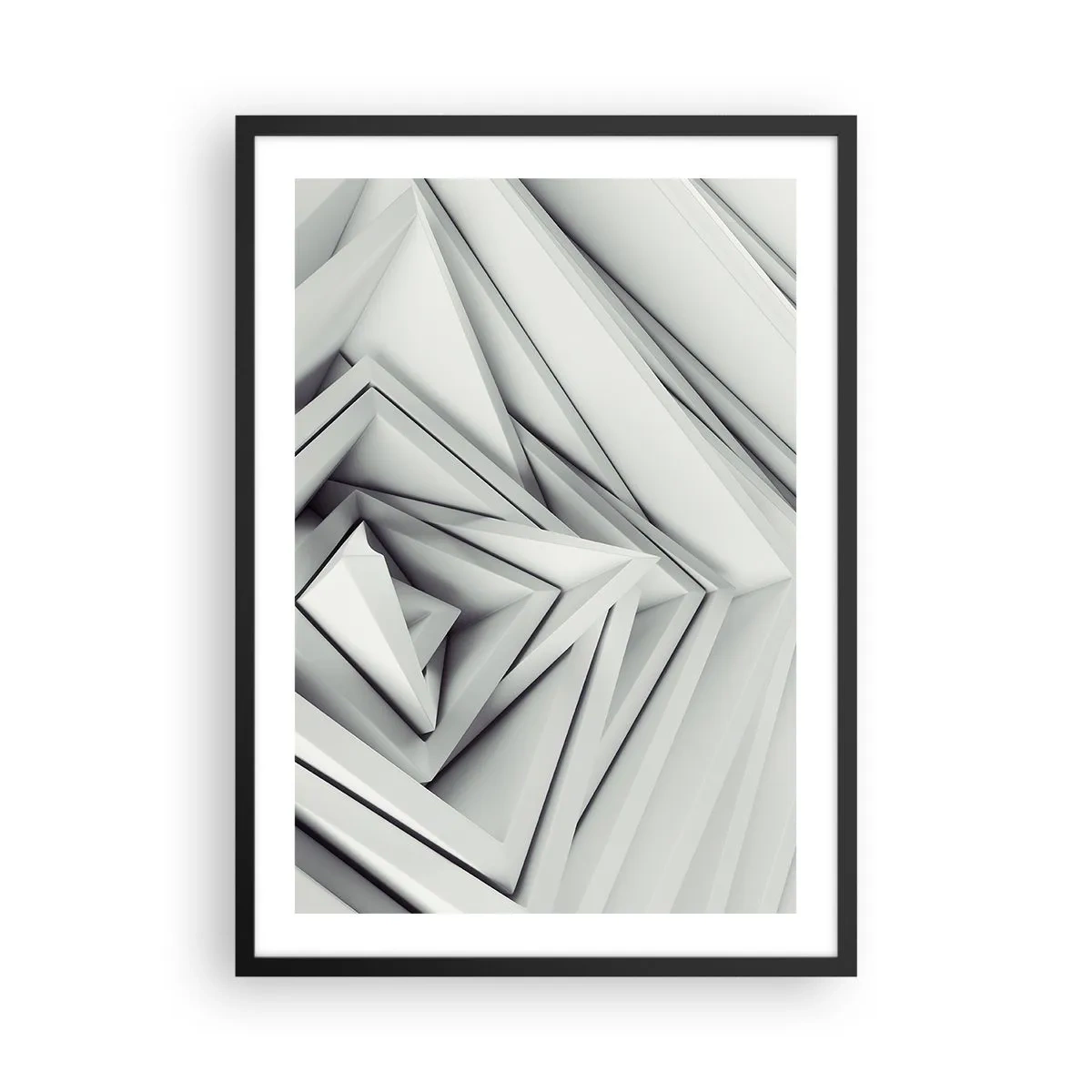 Poszter fehér keretben - Geometriai háromszögek absztrakt kompozíciója 3D-ben - 50x70cm - Éles szögek bimbóznak - Modern fali dekoráció nappalihoz és hálószobához ARTTOR