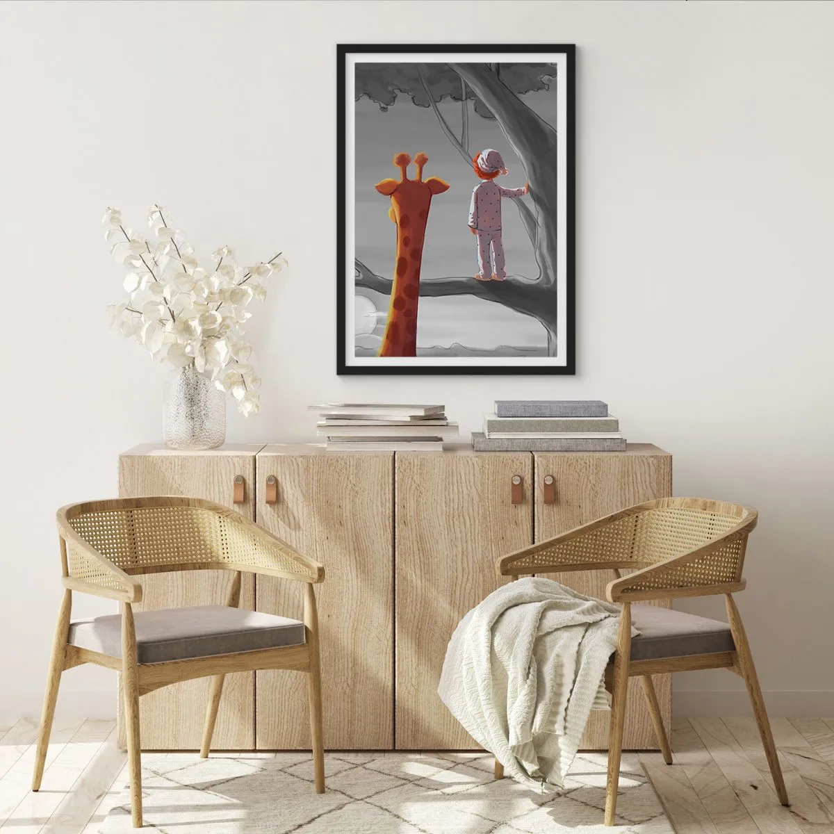 Poszter fehér keretben - Egy pizsamás fiú és egy zsiráf egy fán egy szürke és narancssárga tájban. - 50x70cm - Ez tényleg történik - Modern fali dekoráció nappalihoz és hálószobához ARTTOR
