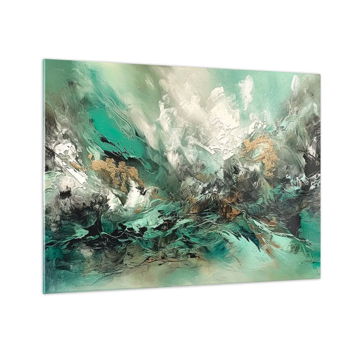 Üveg kép - Egy absztrakt kompozíció smaragdzöld, fekete és fehér árnyalatokban. - 70x50cm - Smaragd-fekete kelés - Modern fali dekoráció nappalihoz és hálószobához ARTTOR