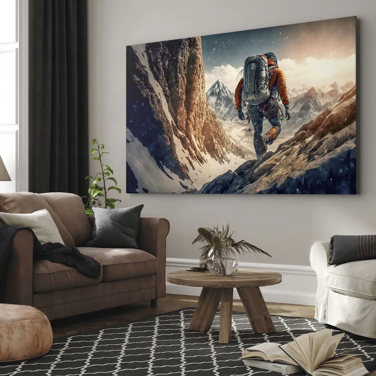 Vászonkép - Egy hegymászó egy hegyi ösvényen téli tájban - 70x50cm - Magányos harcos - Modern fali dekoráció nappalihoz és hálószobához ARTTOR