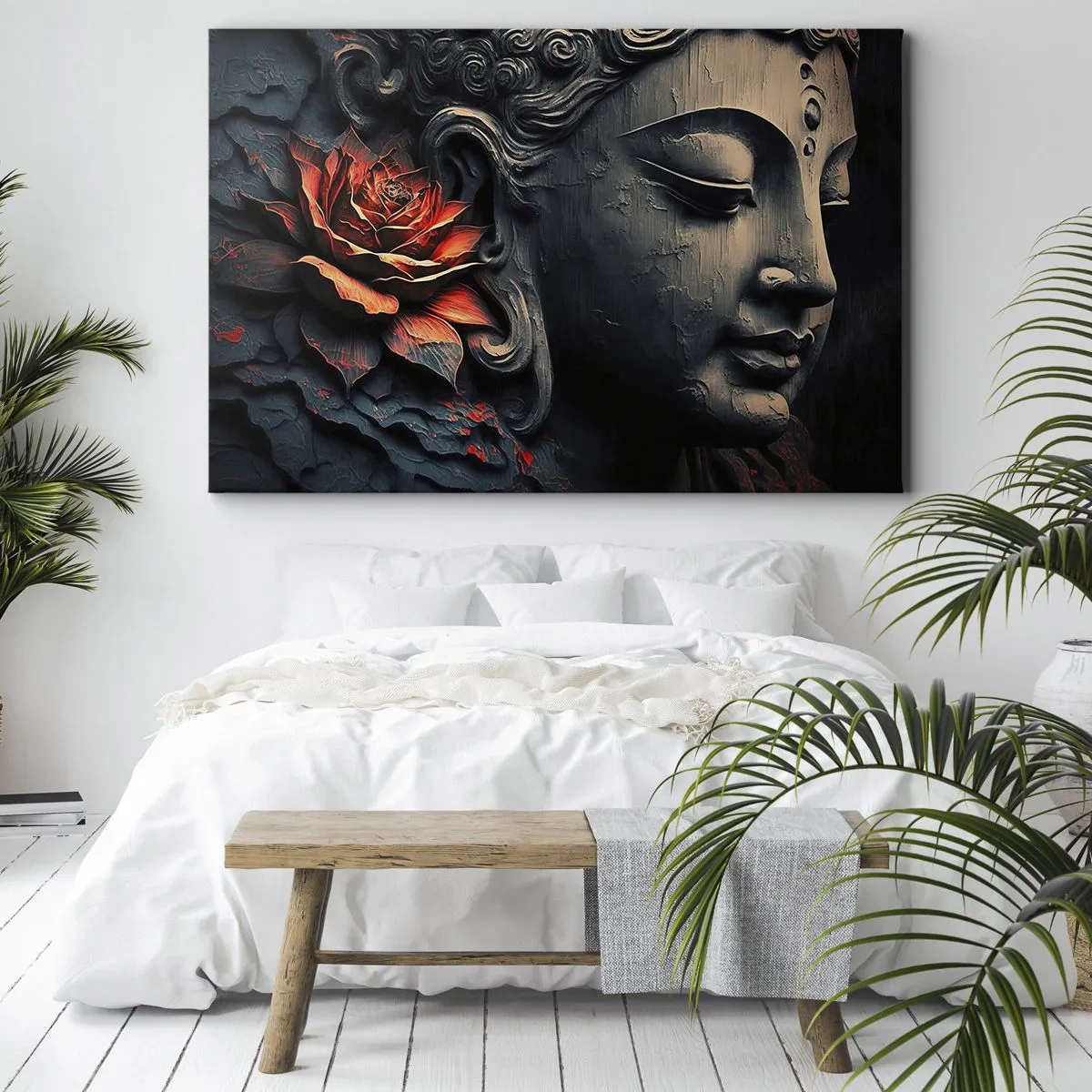 Vászonkép - Buddha szobor vörös lótuszvirággal - 70x50cm - Összhangban a világgal - Modern fali dekoráció nappalihoz és hálószobához ARTTOR