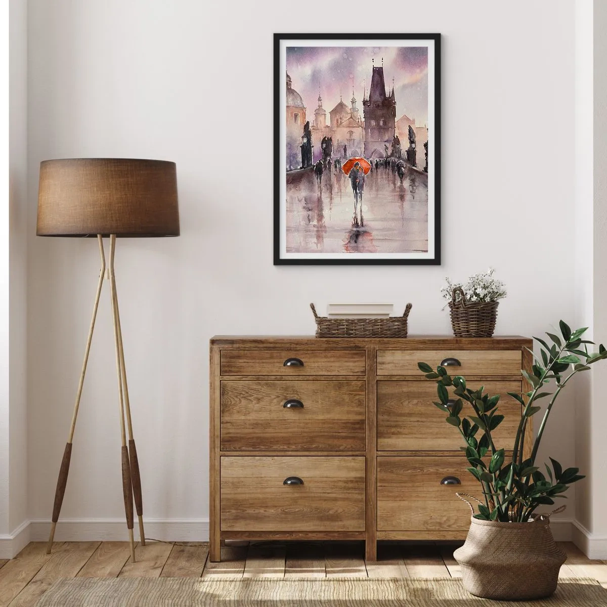 Poszter fehér keretben - Romantikus séta a hídon egy esős napon - 50x70cm - Az emberek nem változnak - Modern fali dekoráció nappalihoz és hálószobához ARTTOR