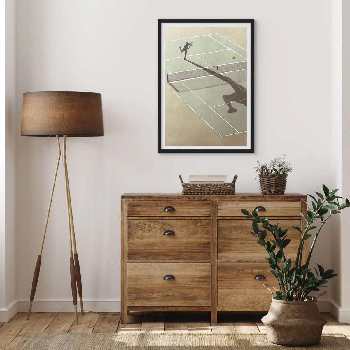 Poszter fehér keretben - Egy teniszező a pályán szolgál - 50x70cm - Önmagumk legyőzése - Modern fali dekoráció nappalihoz és hálószobához ARTTOR