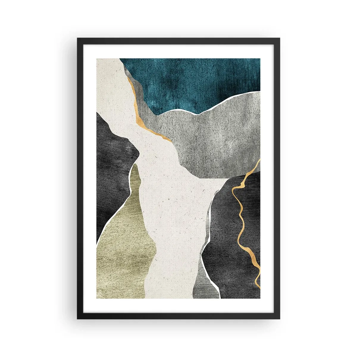 Poszter fehér keretben - Absztrakt kompozíció geometriai alakzatokkal - 50x70cm - Mozaik kompozíció aranyszállal - Modern fali dekoráció nappalihoz és hálószobához ARTTOR