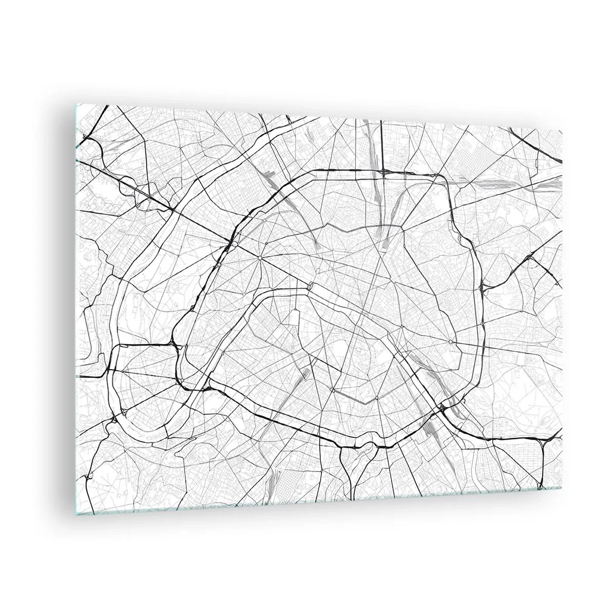 Üveg kép - Fekete-fehér várostérkép utcaráccsal és kör alakú artériákkal - 70x50cm - Párizs virága - Modern fali dekoráció nappalihoz és hálószobához ARTTOR