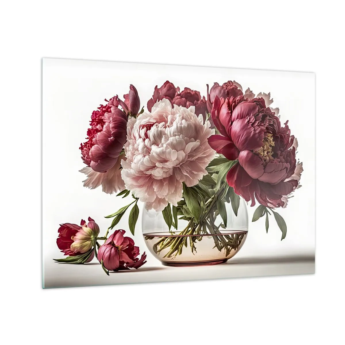 Üveg kép - Egy csokor pünkösdi rózsa üvegvázában, világos háttér előtt - 70x50cm - A szépség teljes virágzásában - Modern fali dekoráció nappalihoz és hálószobához ARTTOR