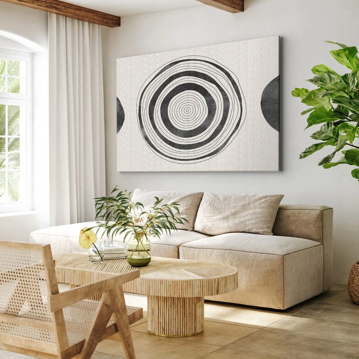 Vászonkép - Minimalista fekete-fehér körök világos háttéren - 70x50cm - Az a fontos, ami a kettő között van. - Modern fali dekoráció nappalihoz és hálószobához ARTTOR