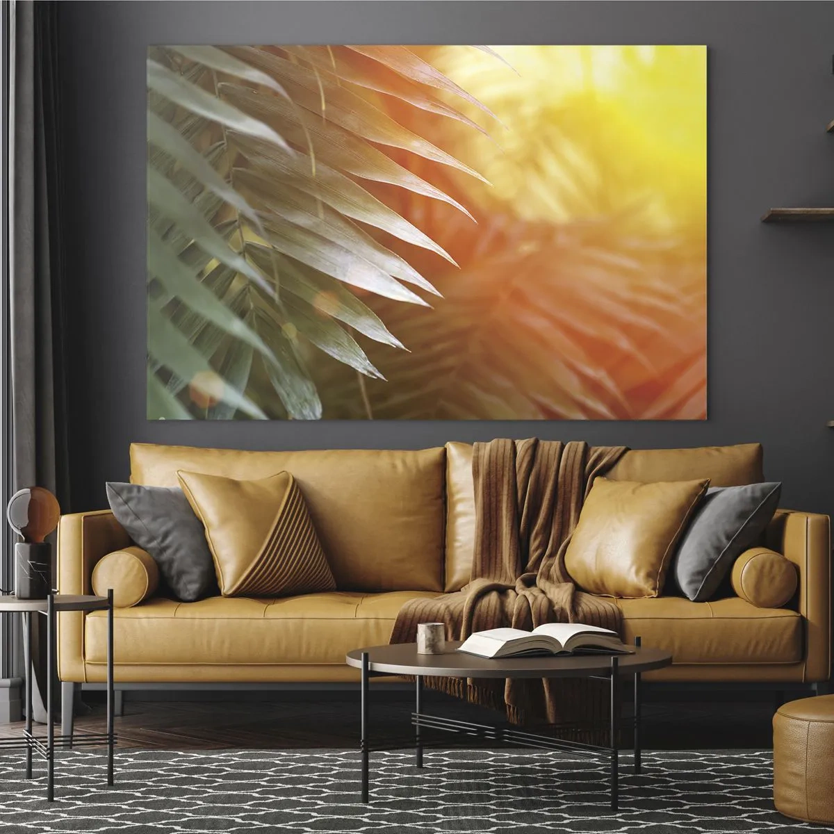 Üveg kép - Pálmalevelek a reggeli nap fényében trópusi környezetben - 70x50cm - Reggel a dzsungelben - Modern fali dekoráció nappalihoz és hálószobához ARTTOR