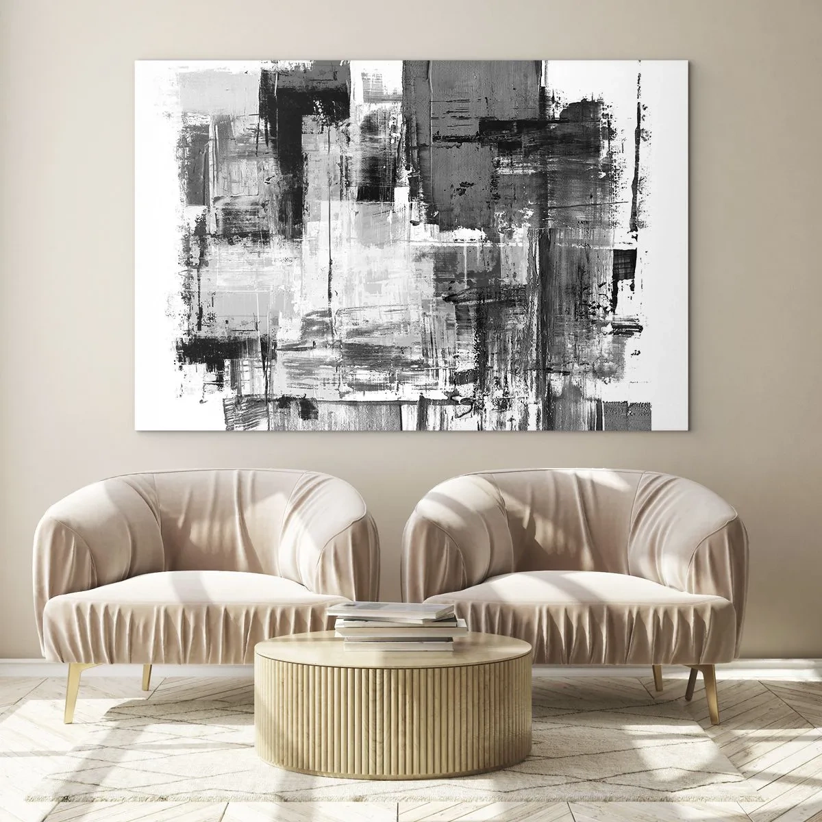 Üveg kép - Fekete-fehér absztrakció geometrikus szerkezettel - 70x50cm - A szürke szép - Modern fali dekoráció nappalihoz és hálószobához ARTTOR