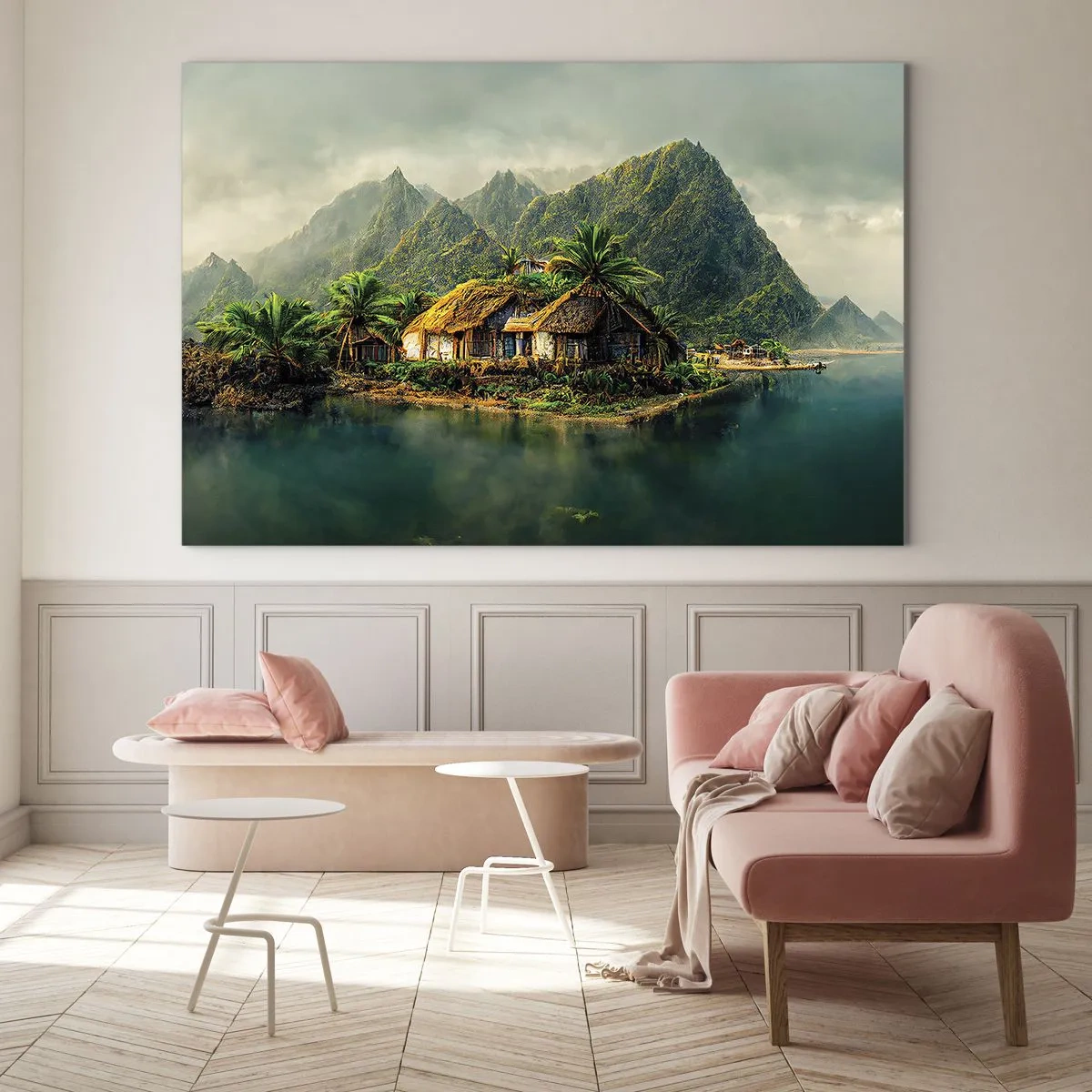 Üveg kép - Egy trópusi falu a vízparton, hegyekkel és pálmafákkal körülvéve - 70x50cm - Trópusi paradicsom - Modern fali dekoráció nappalihoz és hálószobához ARTTOR