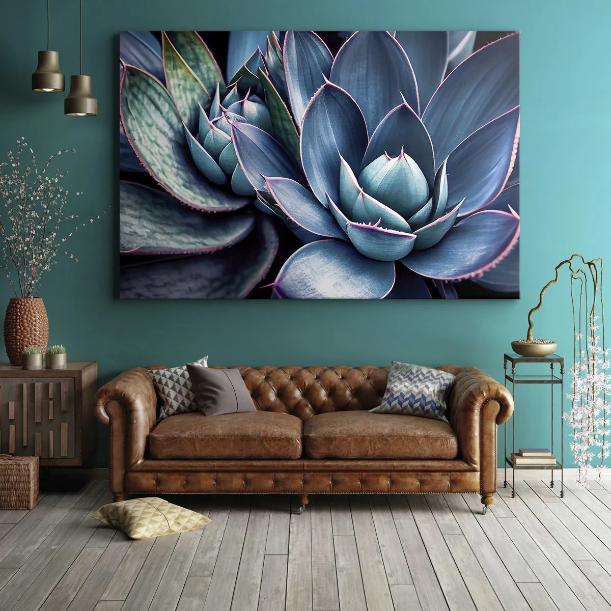 Vászonkép - Agave kék és zöld árnyalatokban, rózsaszín díszítéssel - 70x50cm - Életerő - Modern fali dekoráció nappalihoz és hálószobához ARTTOR