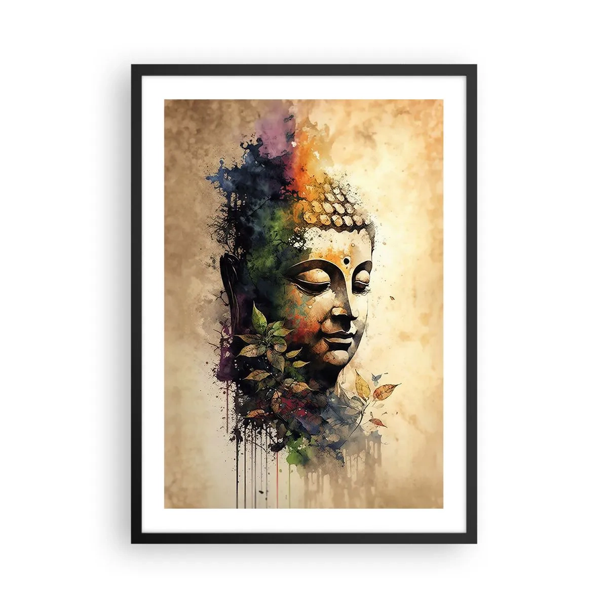 Poszter fehér keretben - Buddha színes portréja művészi akvarell stílusban. - 50x70cm - Namaste! - Modern fali dekoráció nappalihoz és hálószobához ARTTOR