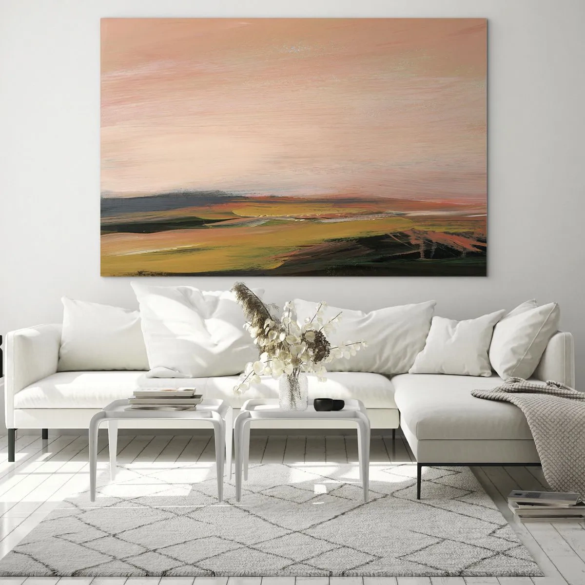 Üveg kép - Egy absztrakt tájkép rózsaszín és törtzöld árnyalataiban. - 70x50cm - Rózsaszínben - Modern fali dekoráció nappalihoz és hálószobához ARTTOR