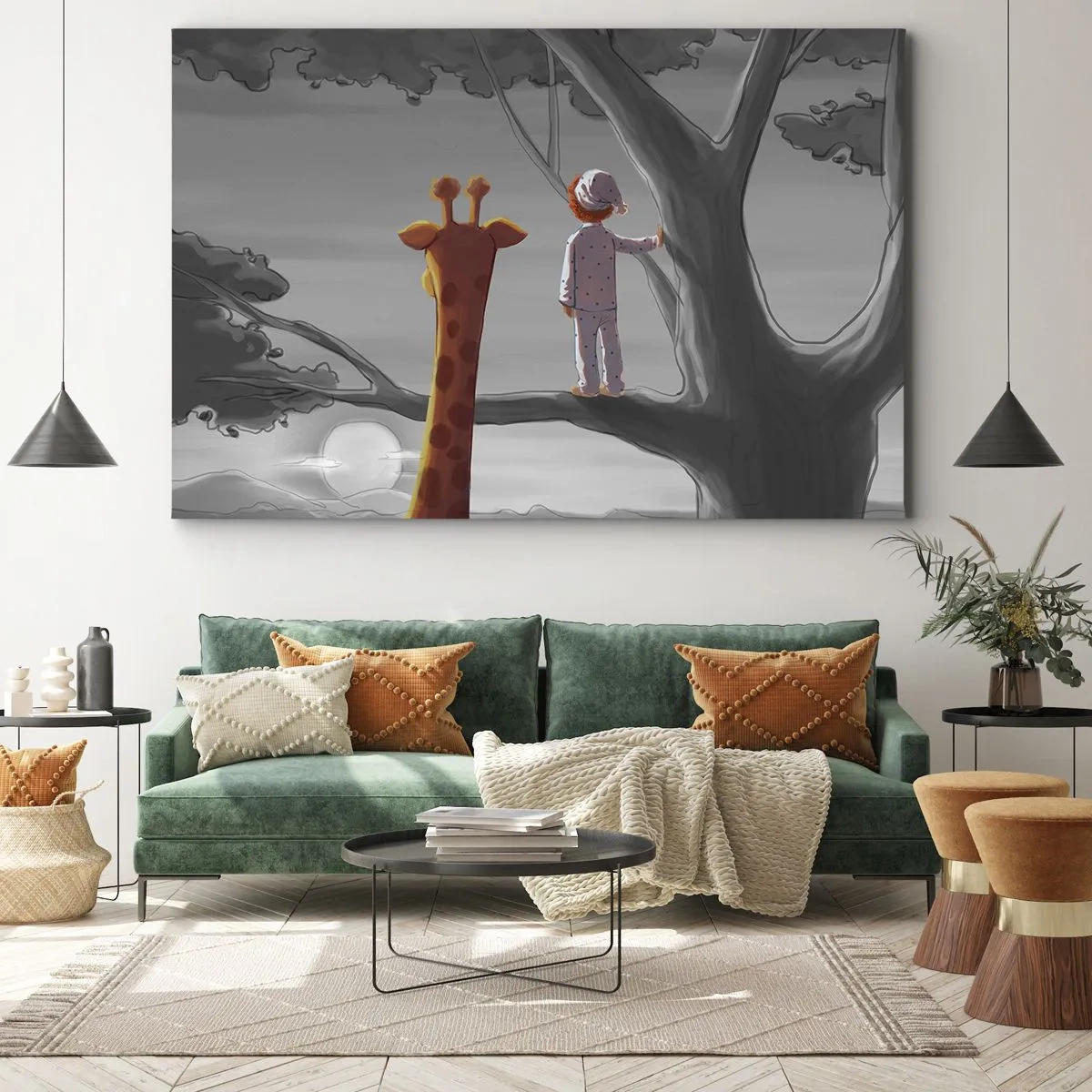 Vászonkép - Egy gyermek és egy zsiráf egy faágon egy mesebeli tájban - 70x50cm - Ez tényleg történik - Modern fali dekoráció nappalihoz és hálószobához ARTTOR
