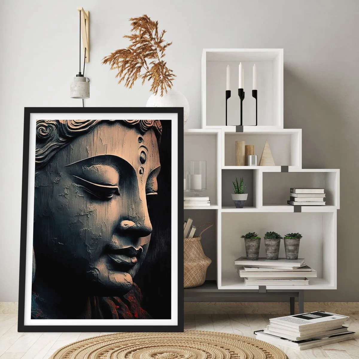 Poszter fehér keretben - Közeli kép egy Buddha-szoborról meleg fényben - 50x70cm - Összhangban a világgal - Modern fali dekoráció nappalihoz és hálószobához ARTTOR