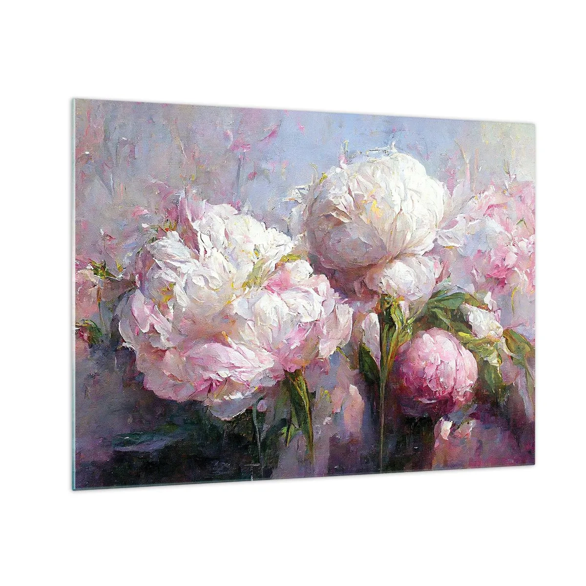 Üveg kép - Virágzó fehér és rózsaszín pünkösdi rózsák olajfestménye - 70x50cm - Egy csokor, mely csordultig van élettel - Modern fali dekoráció nappalihoz és hálószobához ARTTOR