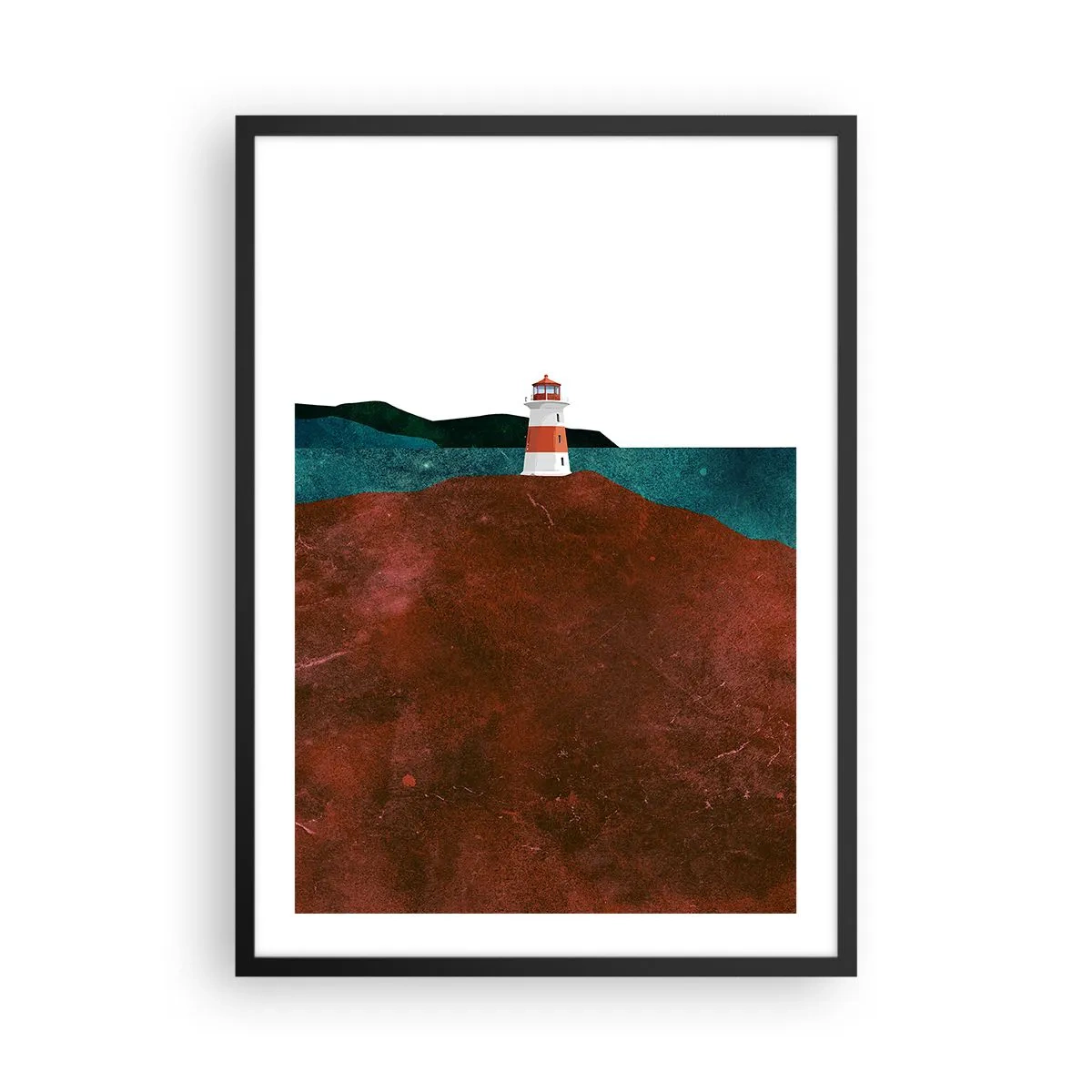 Poszter fehér keretben - Minimalista tájkép egy világítótoronnyal egy dombon - 50x70cm - A tengerre bámulva - Modern fali dekoráció nappalihoz és hálószobához ARTTOR