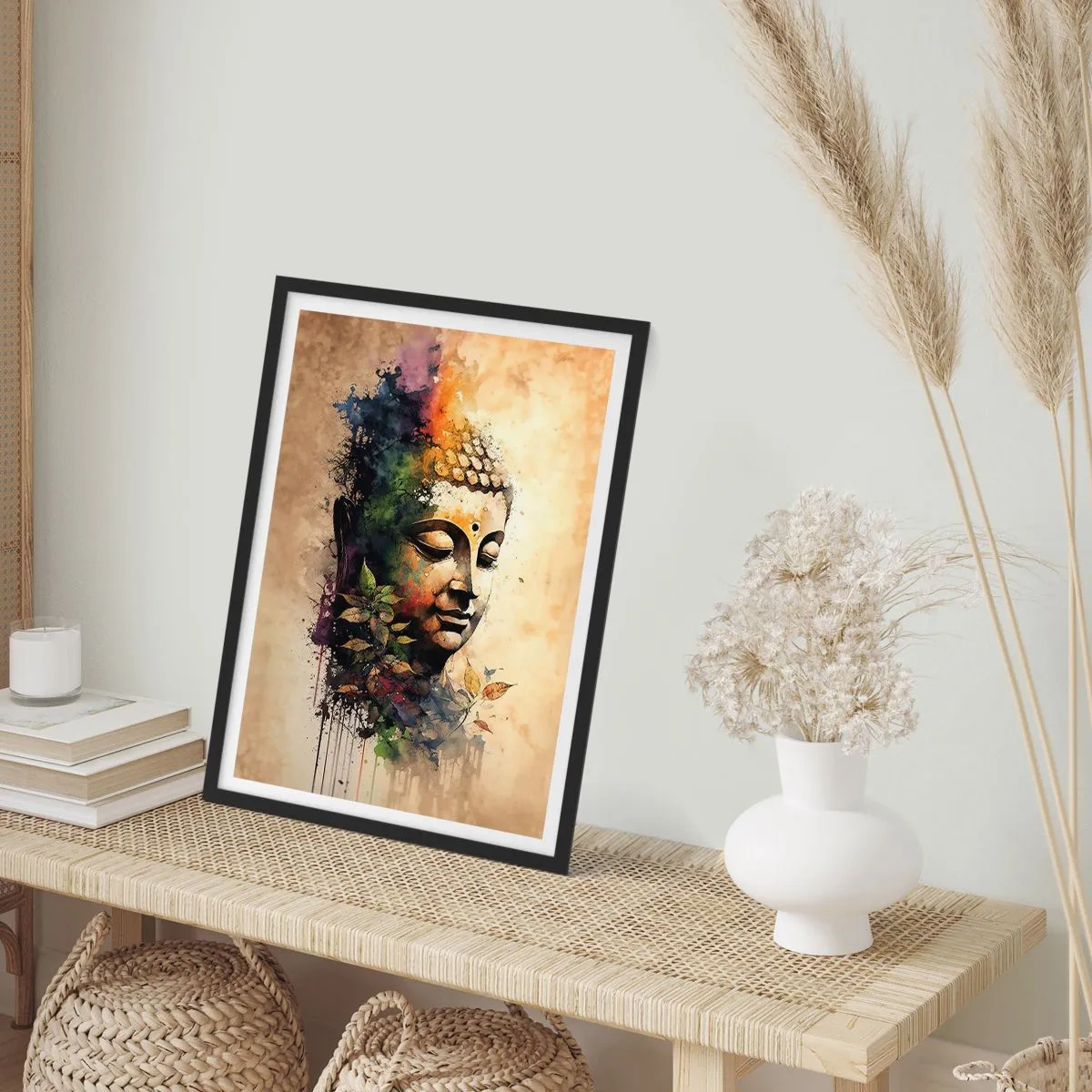 Poszter fehér keretben - Buddha színes portréja művészi akvarell stílusban. - 50x70cm - Namaste! - Modern fali dekoráció nappalihoz és hálószobához ARTTOR