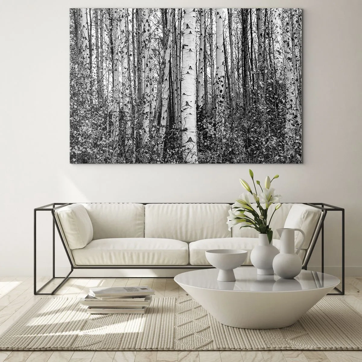 Üveg kép - A fekete-fehér nyírfák sűrű erdőtájt hoznak létre - 70x50cm - Nyírfa oszlopsor - Modern fali dekoráció nappalihoz és hálószobához ARTTOR