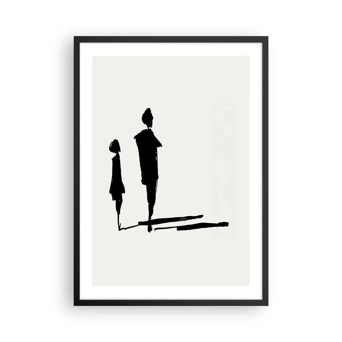 Poszter fehér keretben - Két alak sziluettjei feketében, világos háttér előtt - 50x70cm - Biztosan együtt? - Modern fali dekoráció nappalihoz és hálószobához ARTTOR