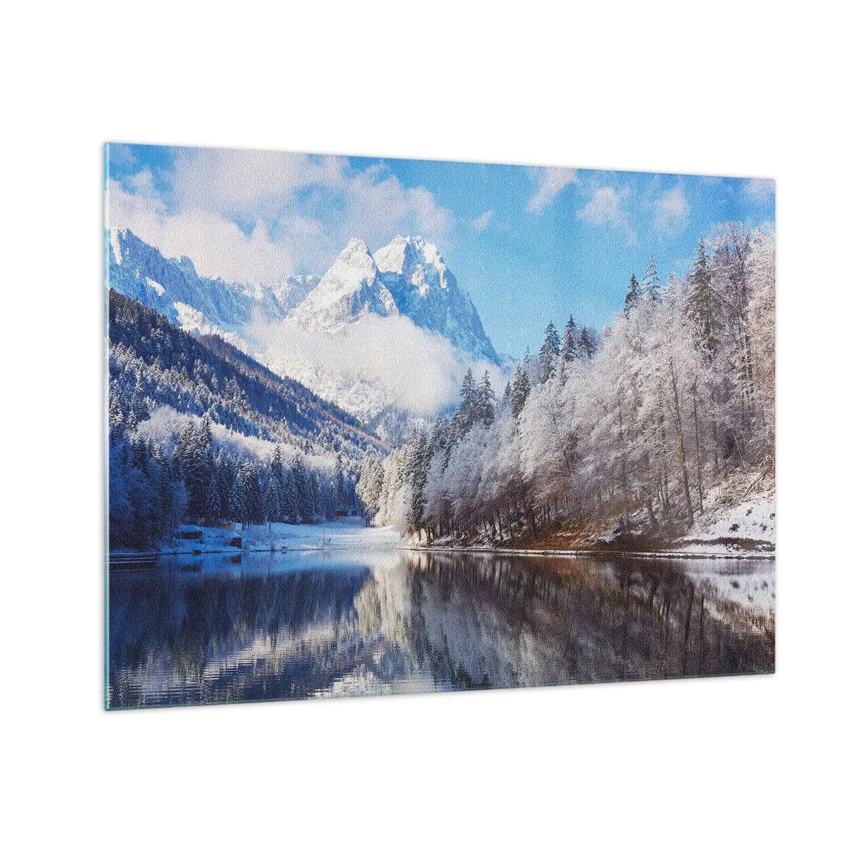 Üveg kép - Téli táj hegyekkel és egy befagyott tóval - 70x50cm - Hóőrség - Modern fali dekoráció nappalihoz és hálószobához ARTTOR