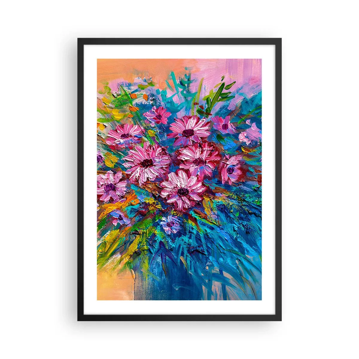 Poszter fehér keretben - Egy csokor intenzív színű virág absztrakt háttér előtt - 50x70cm - Életenergia - Modern fali dekoráció nappalihoz és hálószobához ARTTOR