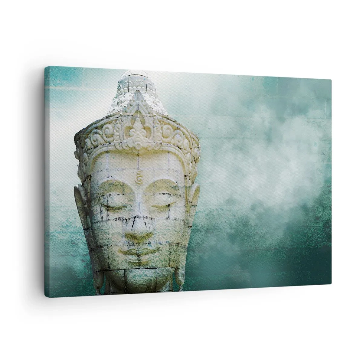 Vászonkép - Buddha-szobor lágy köddel zöld háttér előtt - 70x50cm - A fény kérése - Modern fali dekoráció nappalihoz és hálószobához ARTTOR