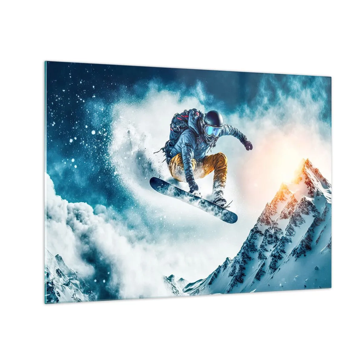 Üveg kép - Egy snowboardos repül a hófödte hegyek felett - 70x50cm - Extrém érzelmek - Modern fali dekoráció nappalihoz és hálószobához ARTTOR