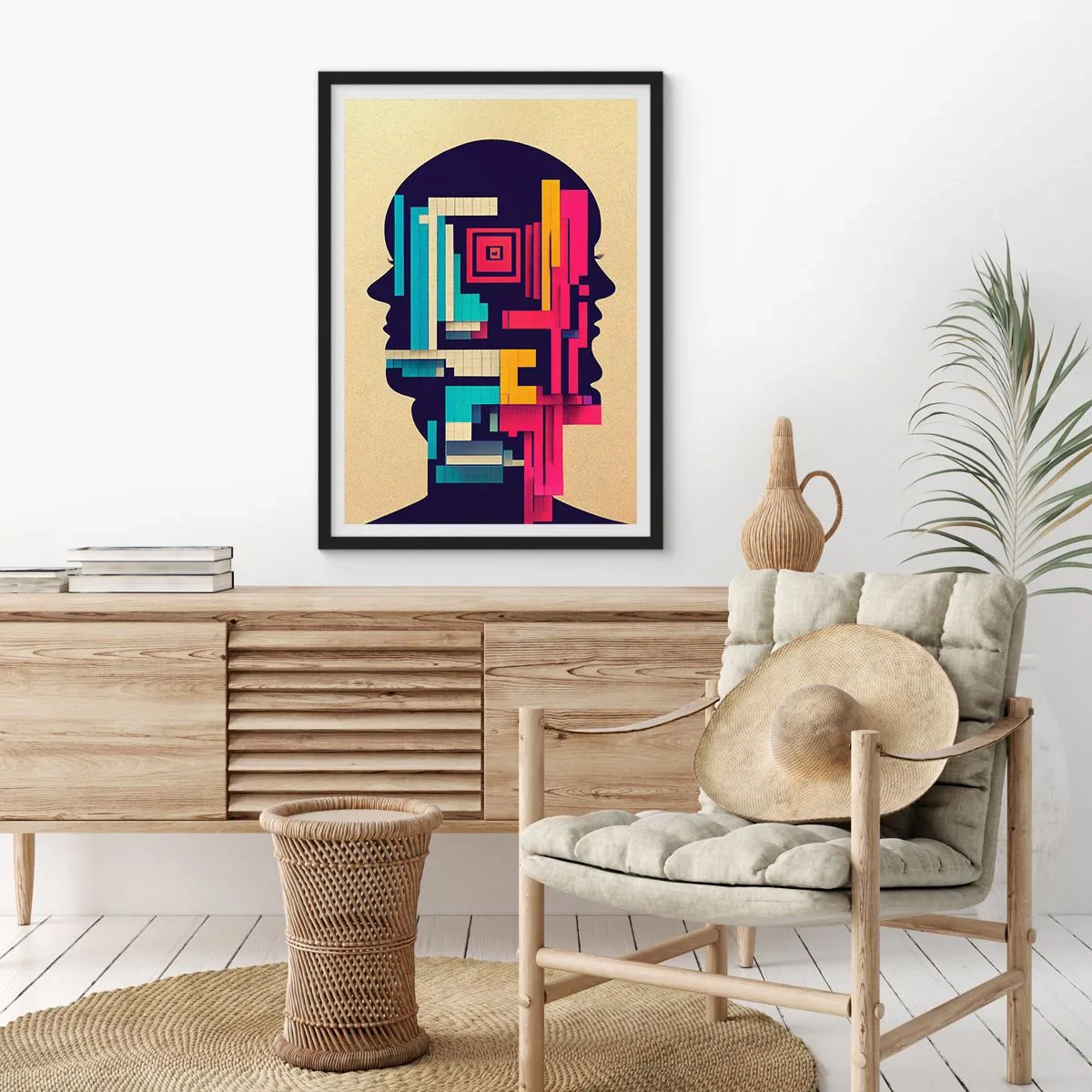 Poszter fehér keretben - Absztrakt sziluett geometrikus formákkal - 50x70cm - Új kkötelékek - Modern fali dekoráció nappalihoz és hálószobához ARTTOR