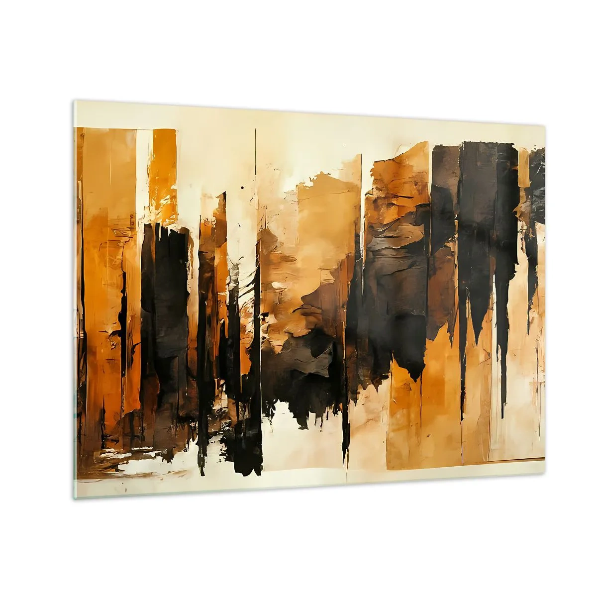 Üveg kép - Aranybarna absztrakció függőleges struktúrákkal - 70x50cm - A fekete és az arany harmóniája - Modern fali dekoráció nappalihoz és hálószobához ARTTOR