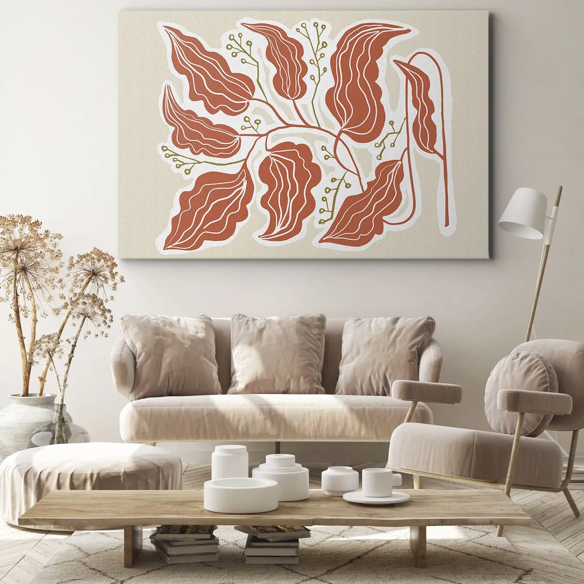Vászonkép - Minimalista levélmotívum narancssárga és zöld árnyalatokban. - 70x50cm - Népi és korall - Modern fali dekoráció nappalihoz és hálószobához ARTTOR