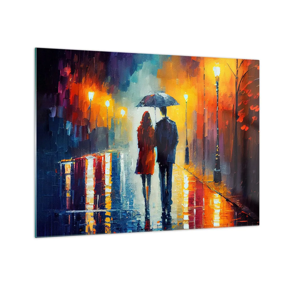 Üveg kép - Egy pár egy esernyő alatt egy színes éjszakai utcán az esőben. - 70x50cm - Együtt - egy színes éjszaka - Modern fali dekoráció nappalihoz és hálószobához ARTTOR