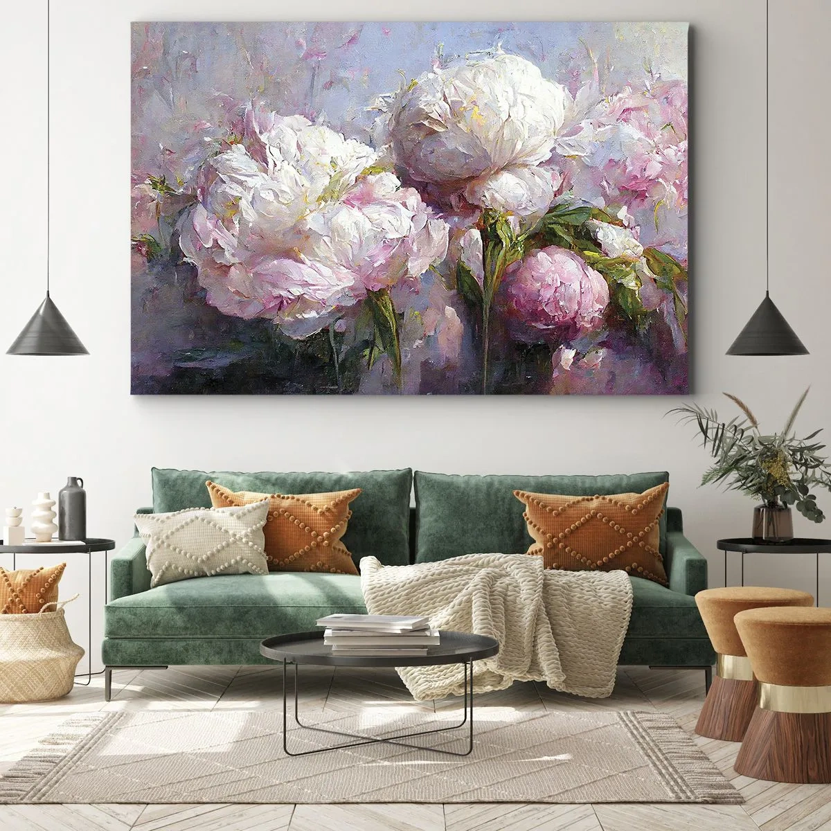 Vászonkép - Romantikus bazsarózsa virágok pasztell színekben - 70x50cm - Egy csokor, mely csordultig van élettel - Modern fali dekoráció nappalihoz és hálószobához ARTTOR