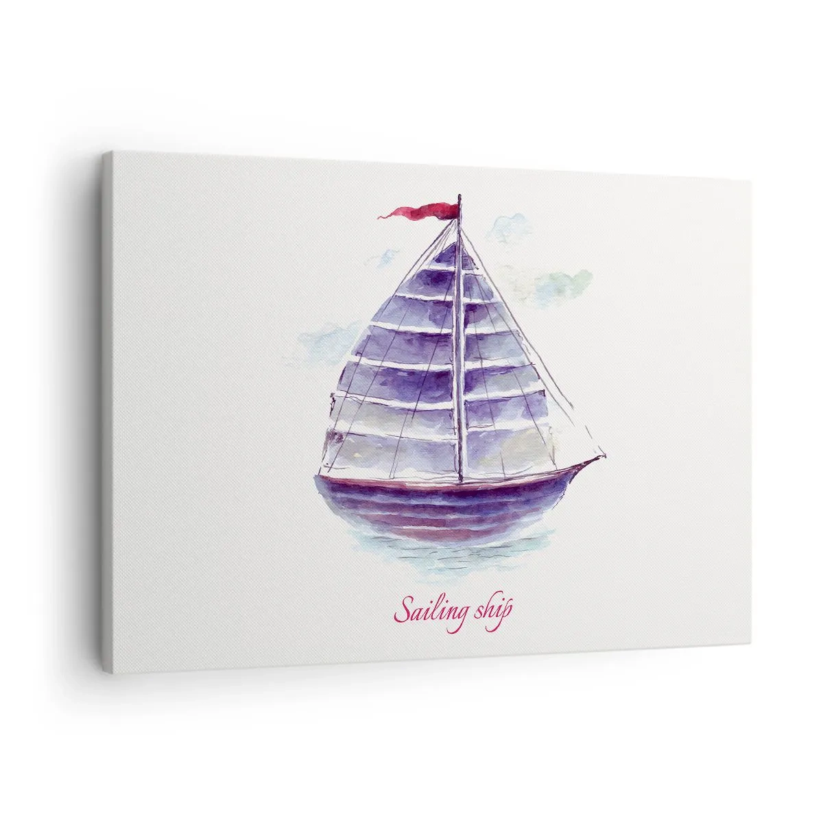 Vászonkép - Egy vitorláshajót ábrázoló akvarellfestmény a vízen, finom felirattal - 70x50cm - Teli vitorlákat és nyugodt vizet - Modern fali dekoráció nappalihoz és hálószobához ARTTOR