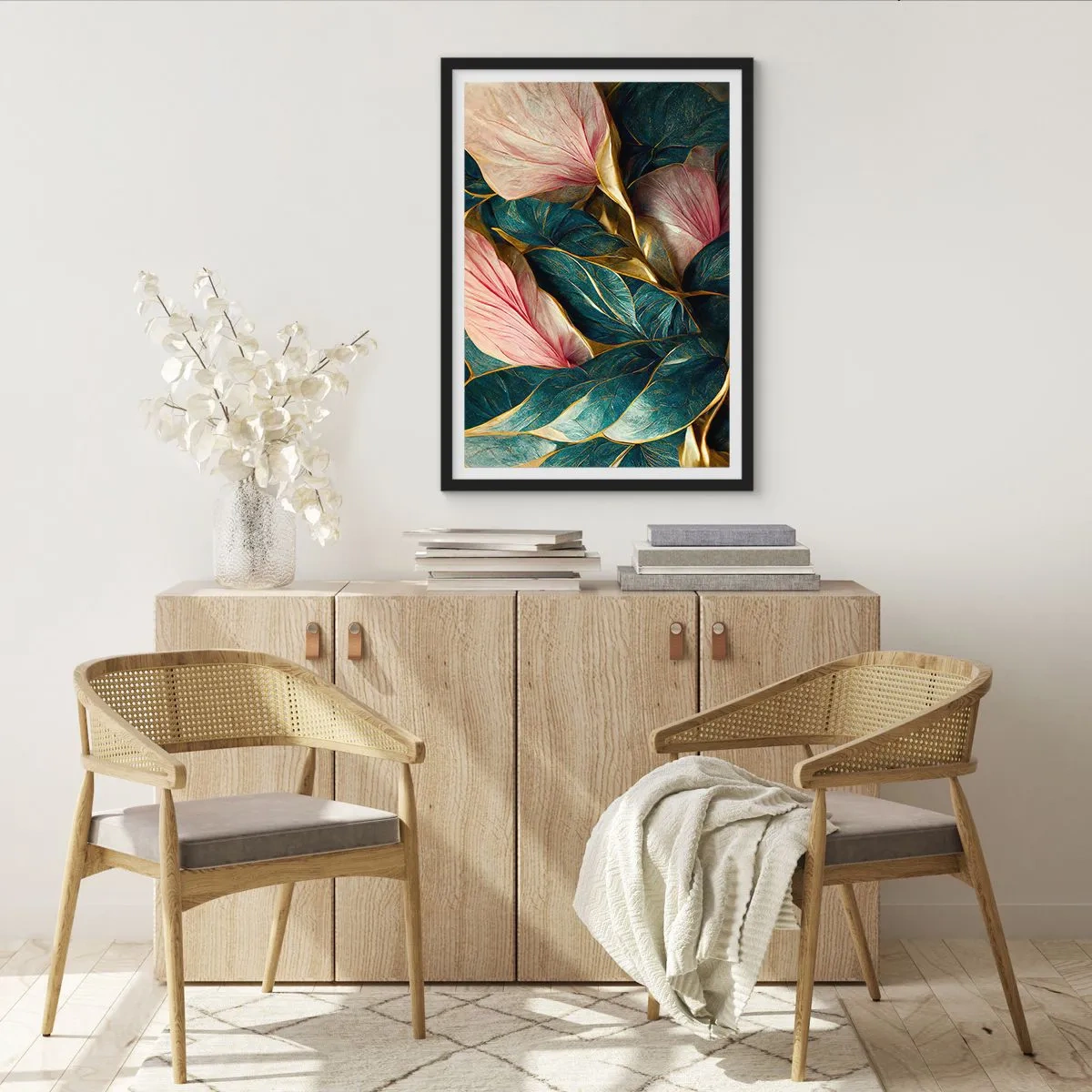 Poszter fehér keretben - Elegáns zöld, arany és rózsaszín árnyalatú levelek kompozíciója - 50x70cm - Természetes elegancia és stílus - Modern fali dekoráció nappalihoz és hálószobához ARTTOR