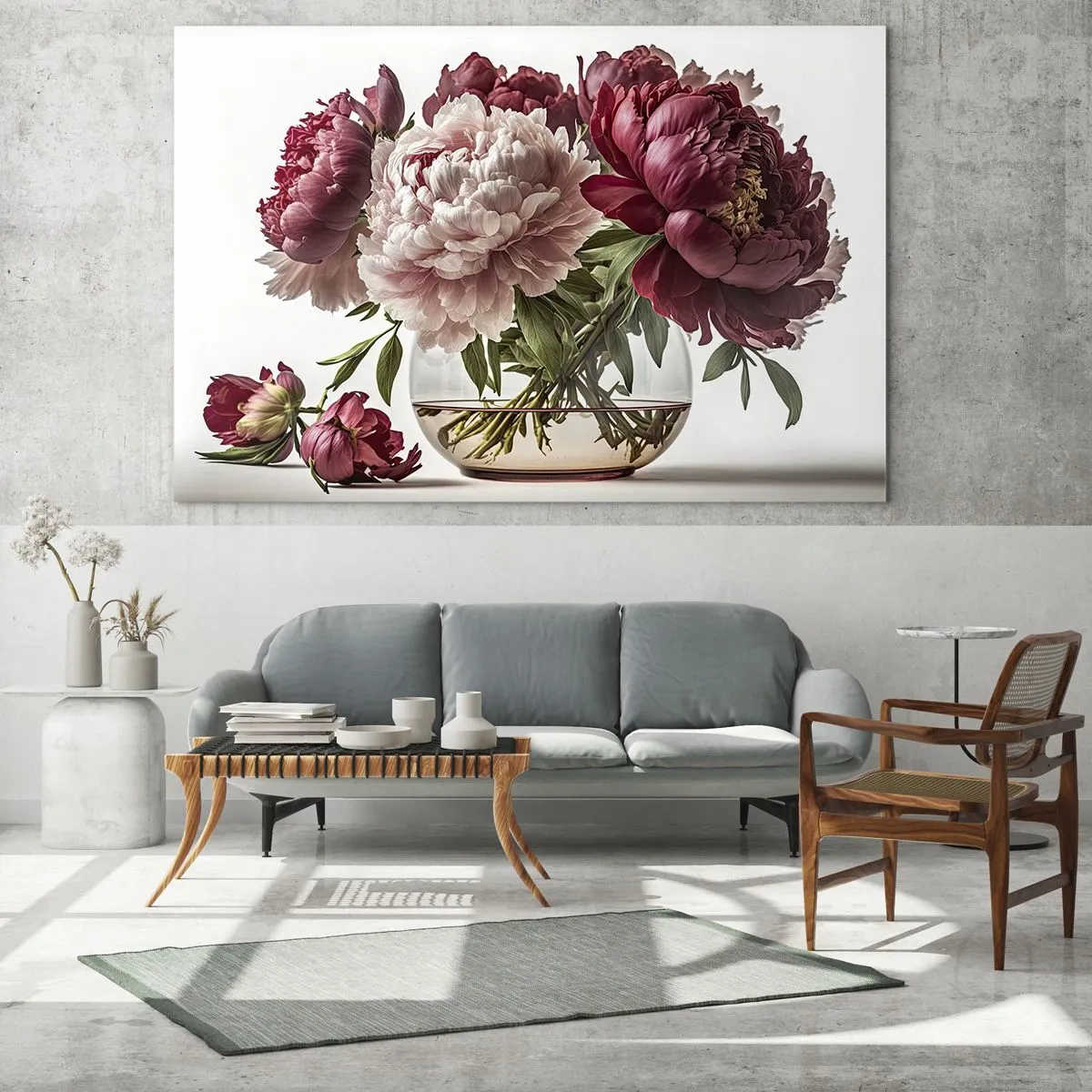 Üveg kép - Egy csokor pünkösdi rózsa üvegvázában, világos háttér előtt - 70x50cm - A szépség teljes virágzásában - Modern fali dekoráció nappalihoz és hálószobához ARTTOR