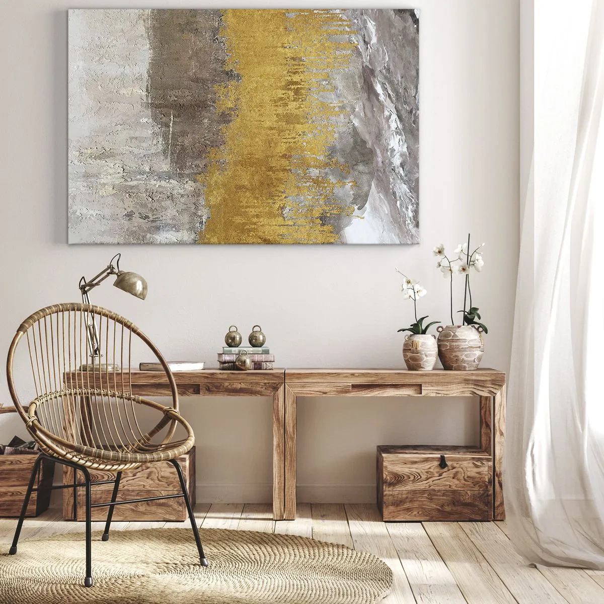 Vászonkép - Arany és bézs absztrakt minta - 70x50cm - Egy aranyszínű fuvallat - Modern fali dekoráció nappalihoz és hálószobához ARTTOR