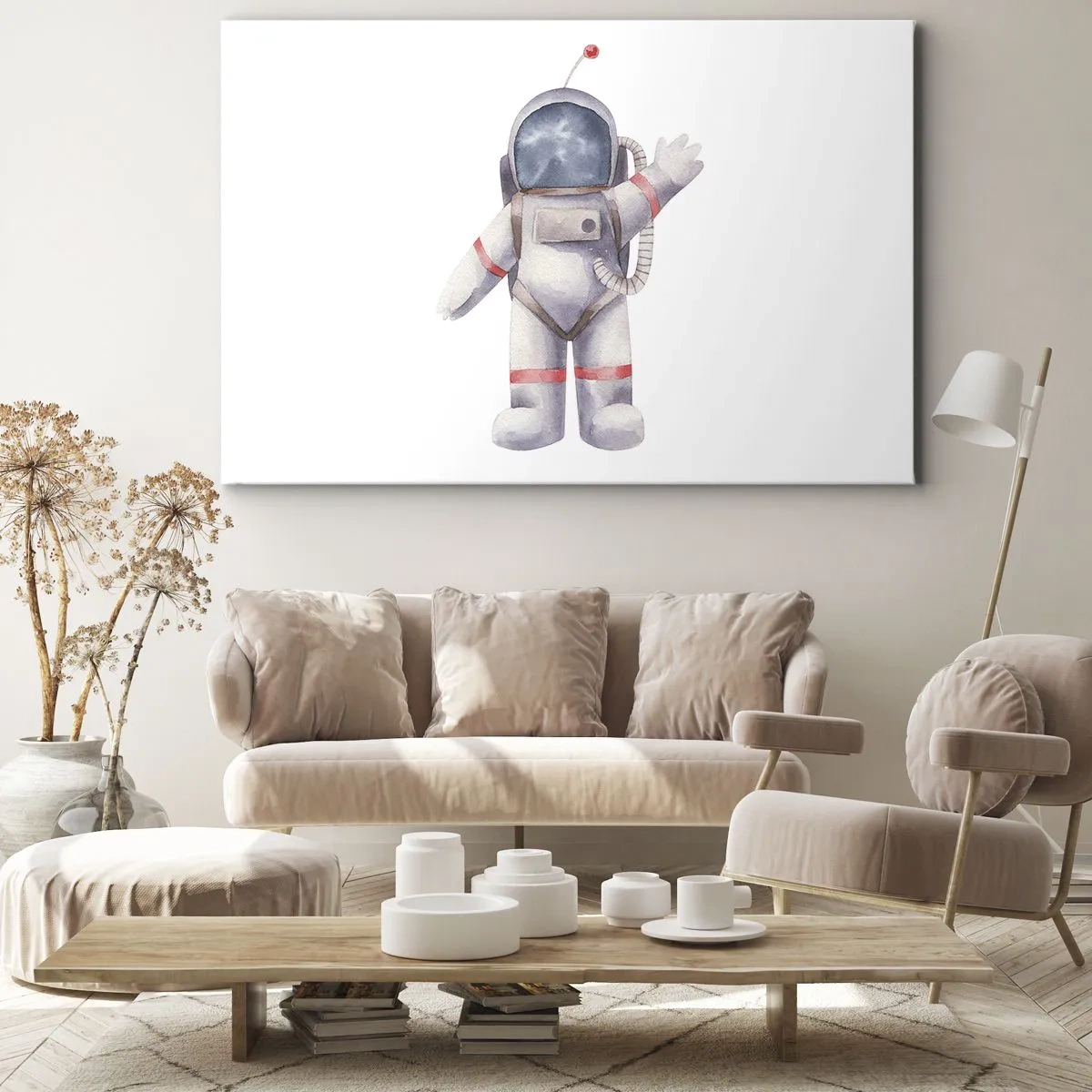 Vászonkép - Akvarell stílusú űrhajós fehér alapon - 70x50cm - Akkor szia! - Modern fali dekoráció nappalihoz és hálószobához ARTTOR