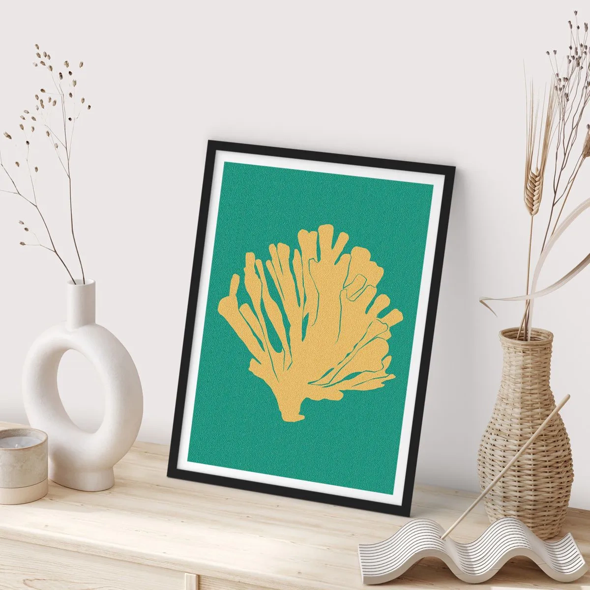 Poszter fehér keretben - Arany korall türkiz alapon - 50x70cm - Egy vízalatti erdő bokra - Modern fali dekoráció nappalihoz és hálószobához ARTTOR