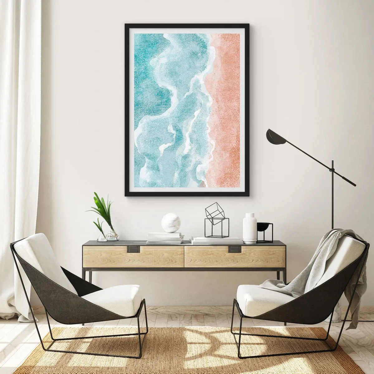 Poszter fehér keretben - Óceánhullámok találkoznak a homokos tengerparttal - 50x70cm - Felhő absztrakció - Modern fali dekoráció nappalihoz és hálószobához ARTTOR