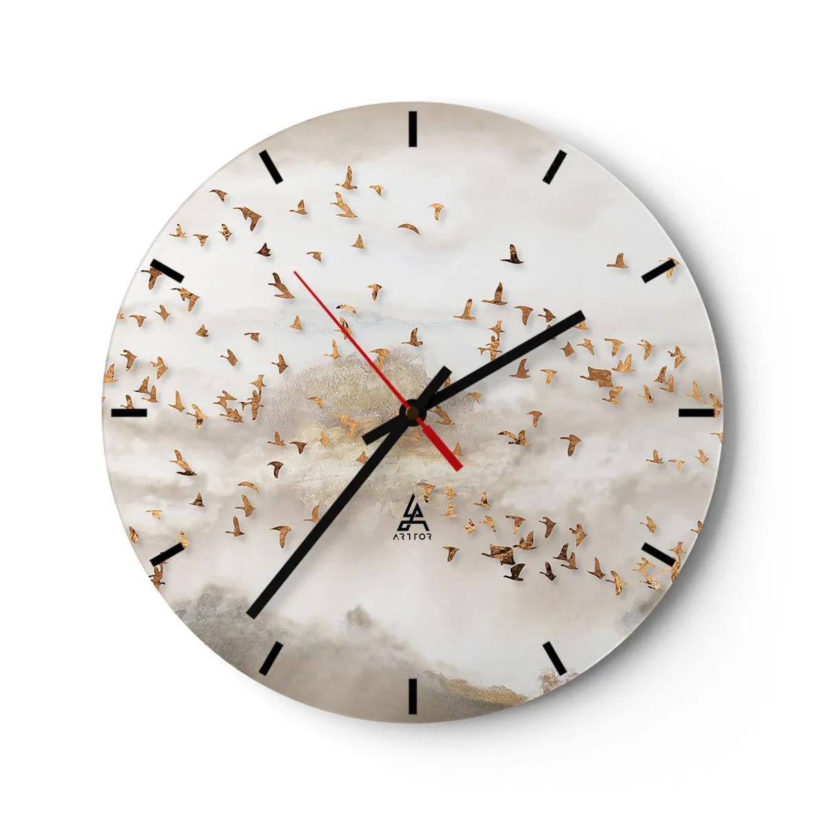 Falióra, Óra - Egy madárraj repül a hegyek hátterében egy finom ködben - 30x30cm - Itt az idő... - Modern fali dekoráció nappalihoz, konyhához és hálószobához ARTTOR