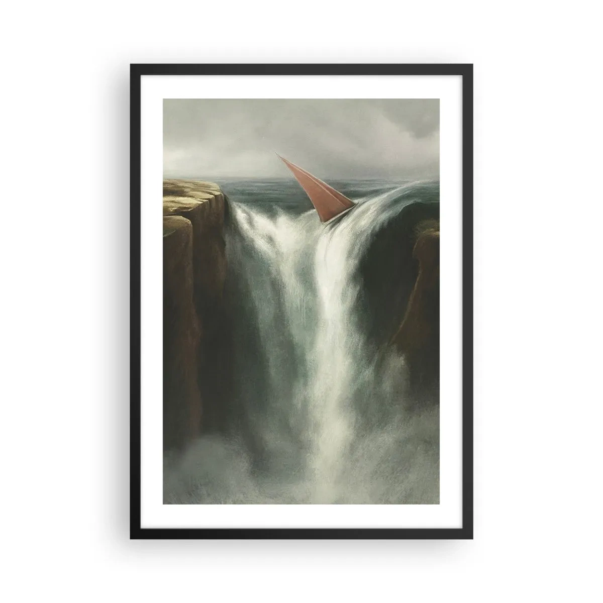 Poszter fehér keretben - Egy vitorlás hajó átzuhan egy vízesésen egy szürreális tájban. - 50x70cm - Az élet óvatossága - Modern fali dekoráció nappalihoz és hálószobához ARTTOR