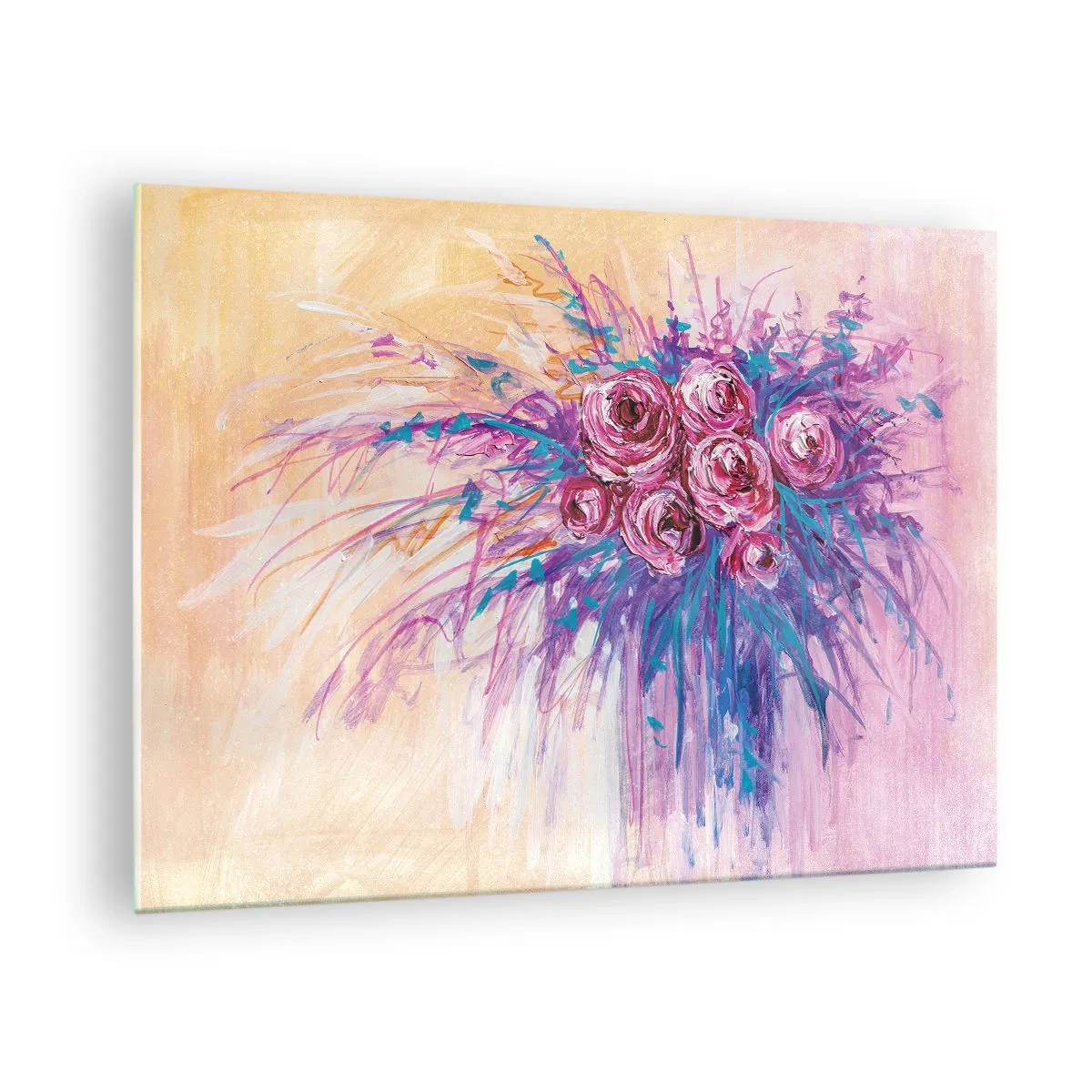 Üveg kép - Egy csokor rózsa rózsaszín és lila árnyalatokban pasztell alapon - 70x50cm - Rózsaszín szökőkút - Modern fali dekoráció nappalihoz és hálószobához ARTTOR