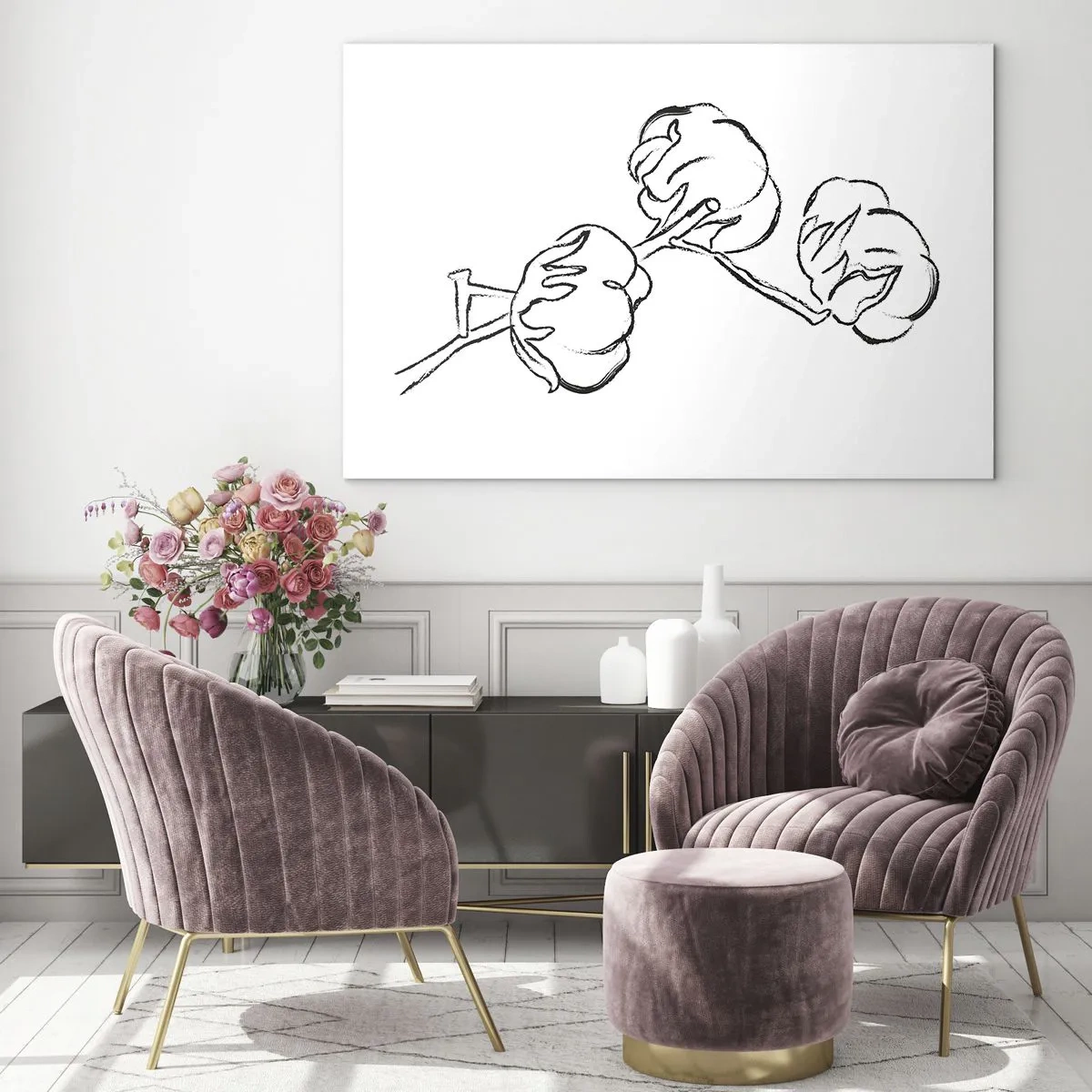 Üveg kép - Egy minimalista vázlat egy pamutágról fekete vonalakkal. - 70x50cm - Pamut pehely - Modern fali dekoráció nappalihoz és hálószobához ARTTOR