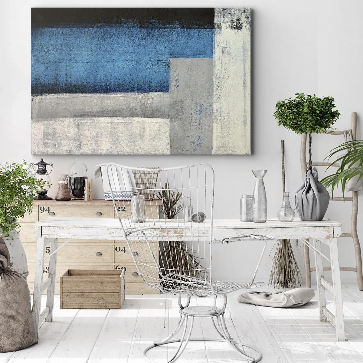Vászonkép - Egy absztrakt kompozíció kék, szürke és fehér árnyalatokkal. - 70x50cm - Szürke és kék költői kompozíció - Modern fali dekoráció nappalihoz és hálószobához ARTTOR