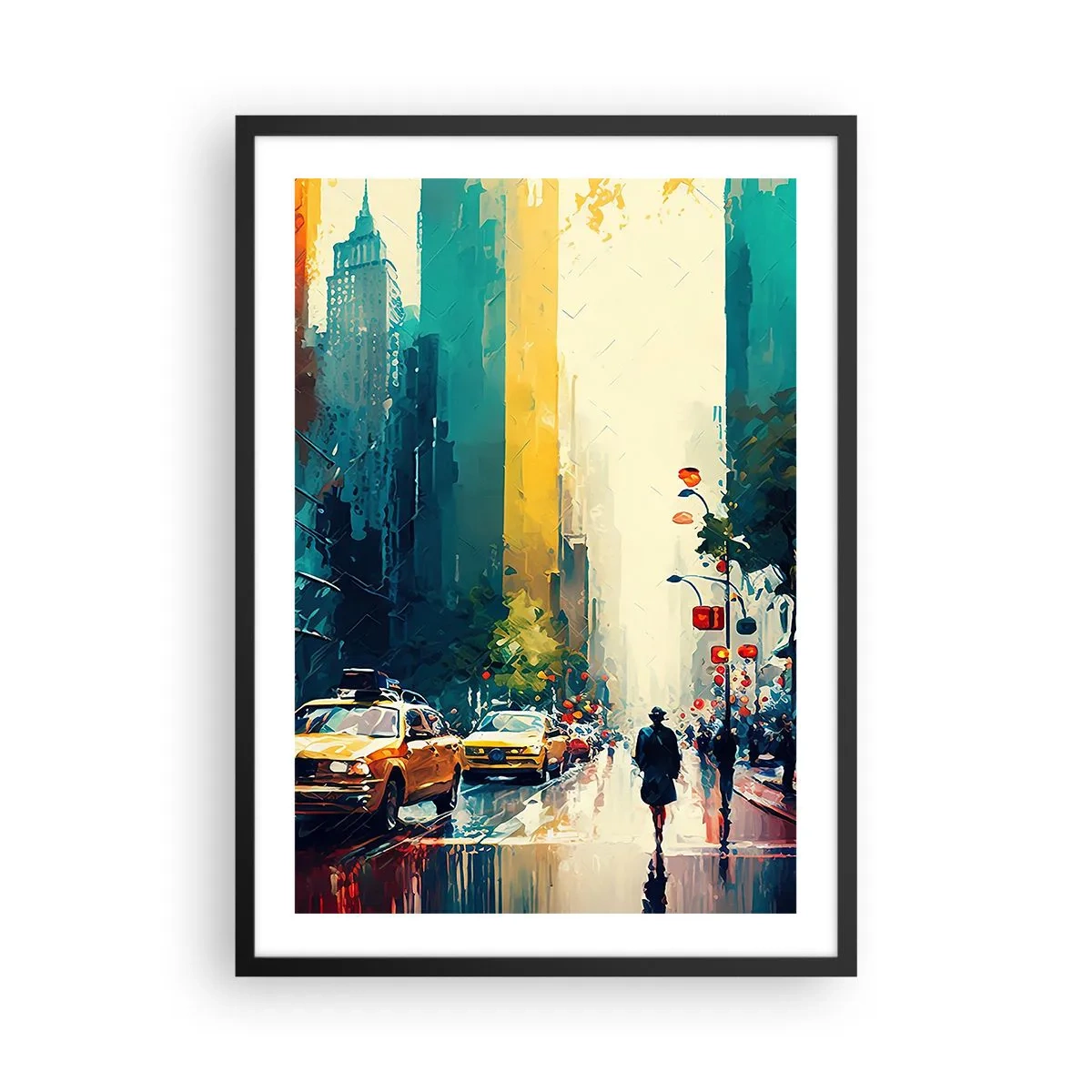 Poszter fehér keretben - Egy nagyváros színes utcája sárga taxikkal - 50x70cm - New York - itt még az eső is színes. - Modern fali dekoráció nappalihoz és hálószobához ARTTOR